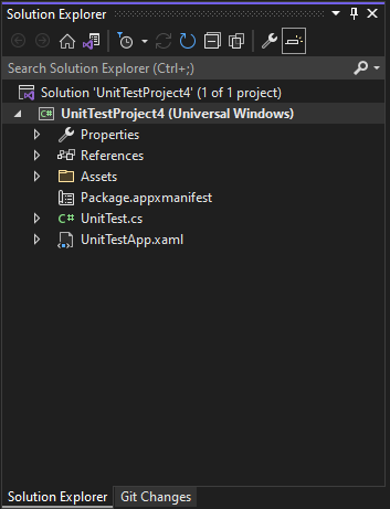 Screenshot that shows the UWP unit test project in Solution Explorer.