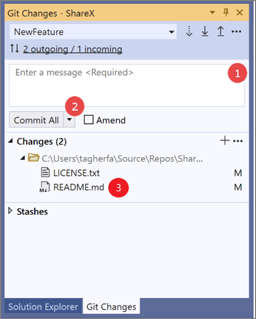 Screenshot of the Git Changes window in Visual Studio 2019, with a 'commit and stage' procedure overlay.