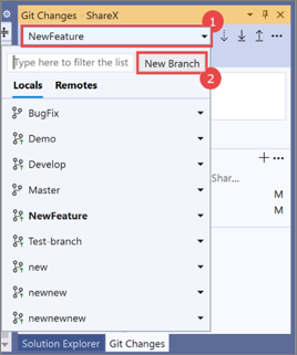 Screenshot of the Git Changes window in Visual Studio 2019, with a 'create a new branch' procedure overlay.