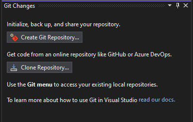 Screenshot of the Git Changes window with no active repo set.