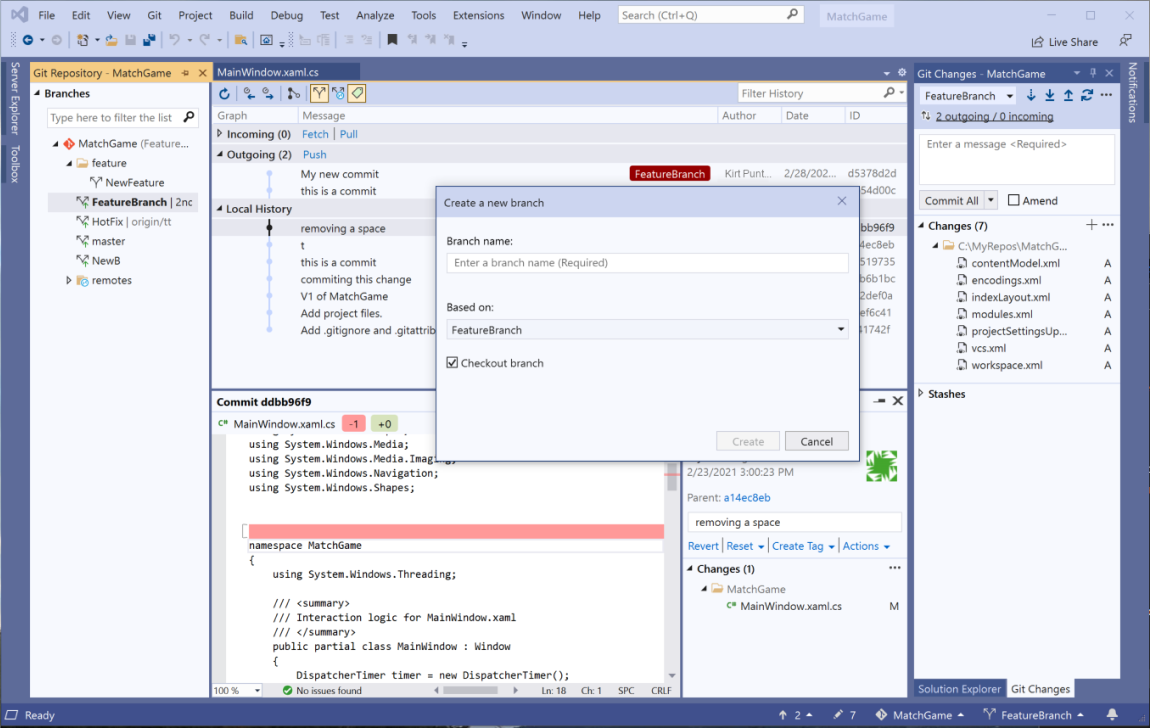 The Visual Studio IDE that highlights the Git menu and the Git Changes tab in Solution Explorer.