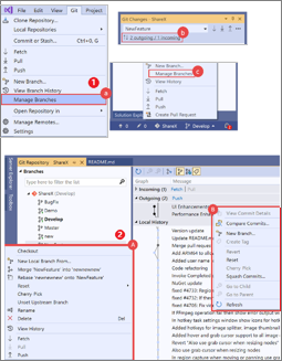 Screenshot collage of how three UI options to use to manage branches in Visual Studio 2019.