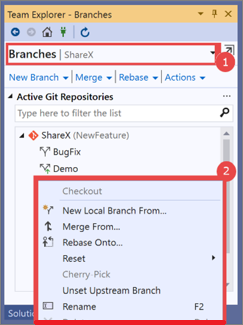 Screenshot of the Branches window for Team Explorer in Visual Studio 2019, with a 'manage branches' procedure overlay.