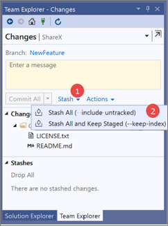 Screenshot of the Changes window for Team Explorer in Visual Studio 2019, with a 'stash a change' procedure overlay.