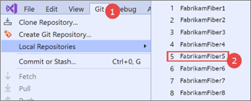 Screenshot of the Local Repositories menu item in Visual Studio 2019, with a 'clone a repo' procedure overlay.