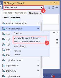 Screenshot of the Git Changes window in Visual Studio 2019, with a 'get recent changes from remote branch' procedure overlay.