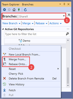 Screenshot of the Branches window for Team Explorer in Visual Studio 2019, with a 'get recent changes from remote branch' procedure overlay.