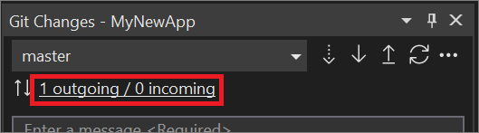 The Git Changes window with the outgoing / incoming link text highlighted in Visual Studio 2022.