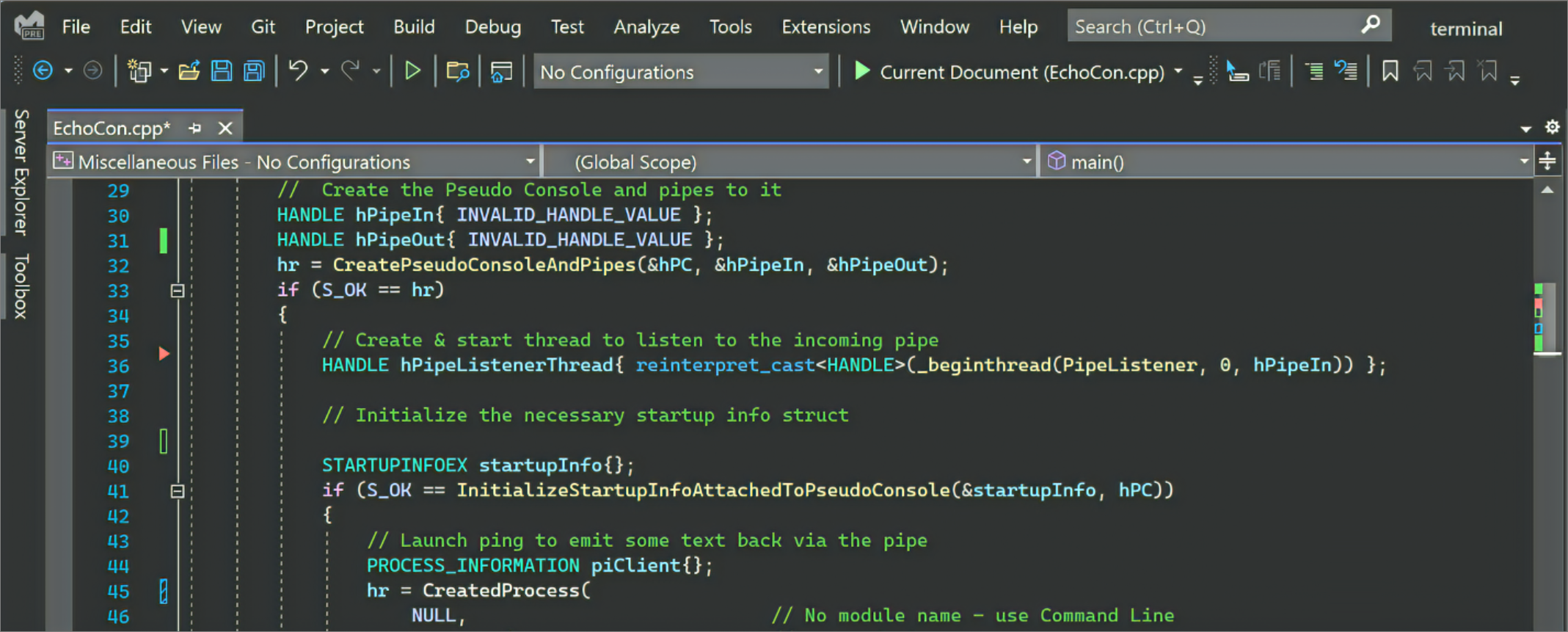 Screenshot of the color margins in the Visual Studio 2022 editor.