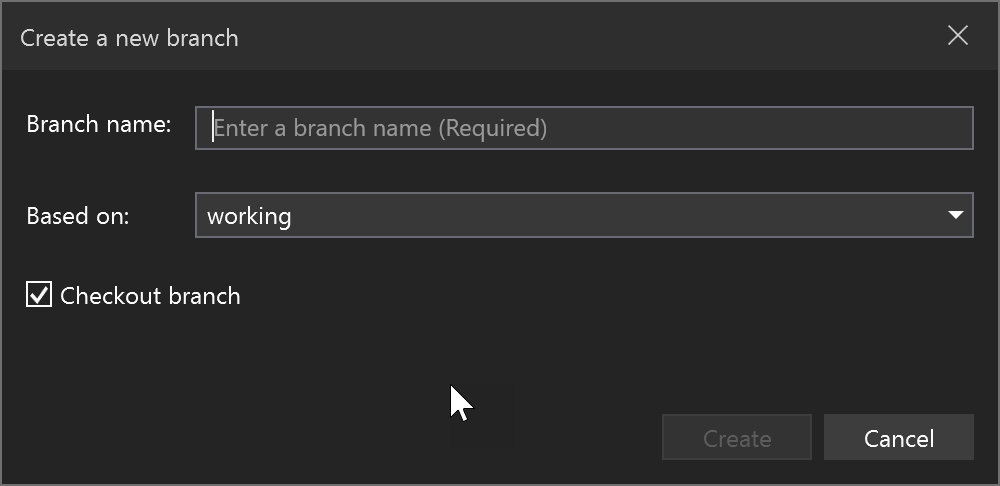 Screenshot of the Create a New Branch dialog box.
