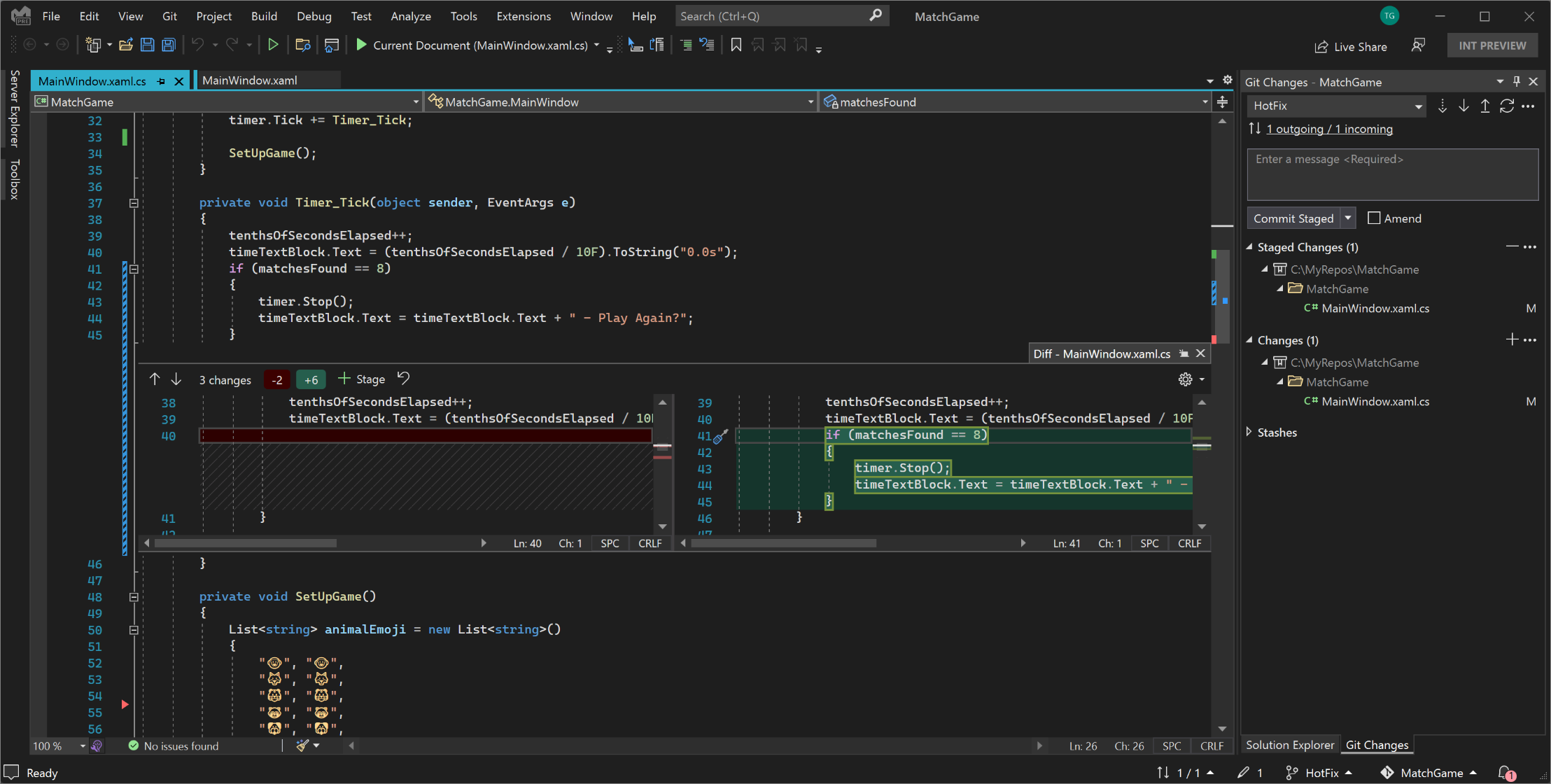 Screenshot of an example of line-staging support in Visual Studio 2022.