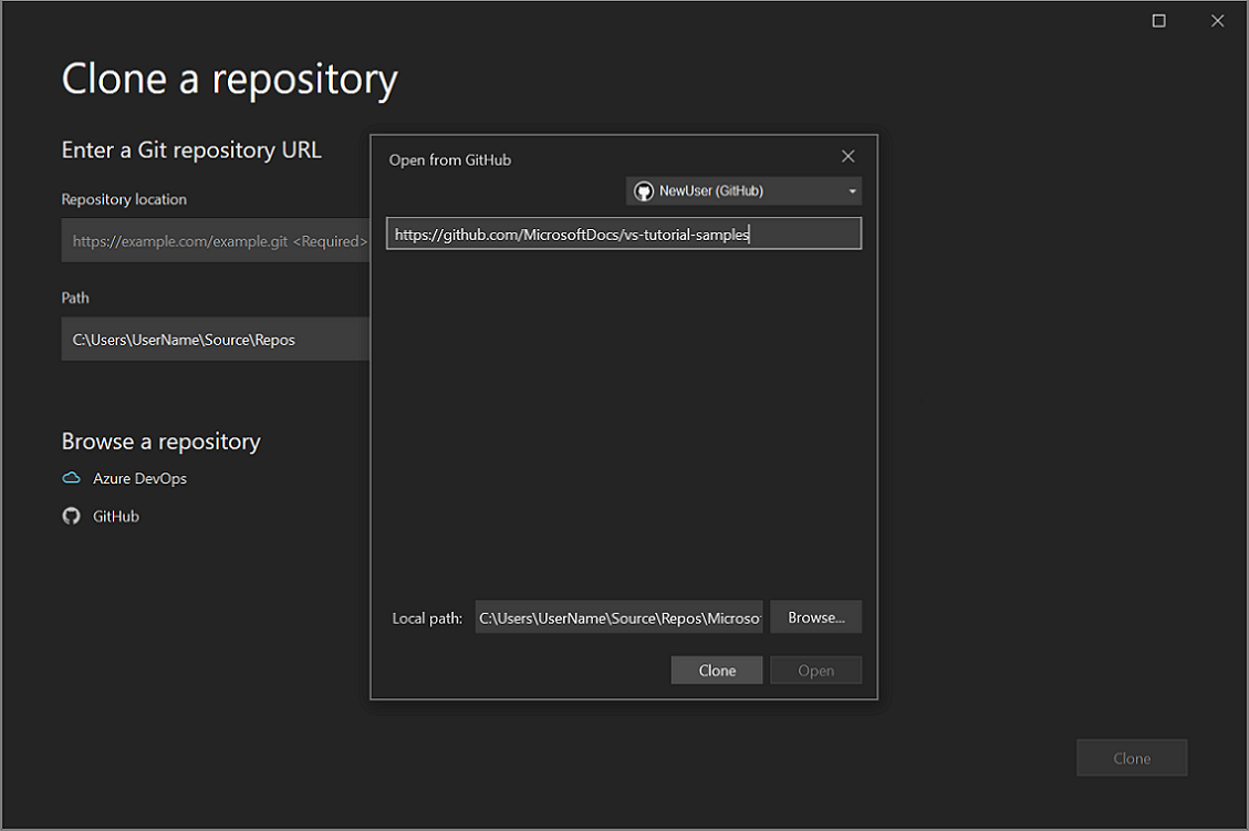 Screenshot of the Open from GitHub window where you can select a repo or add one.