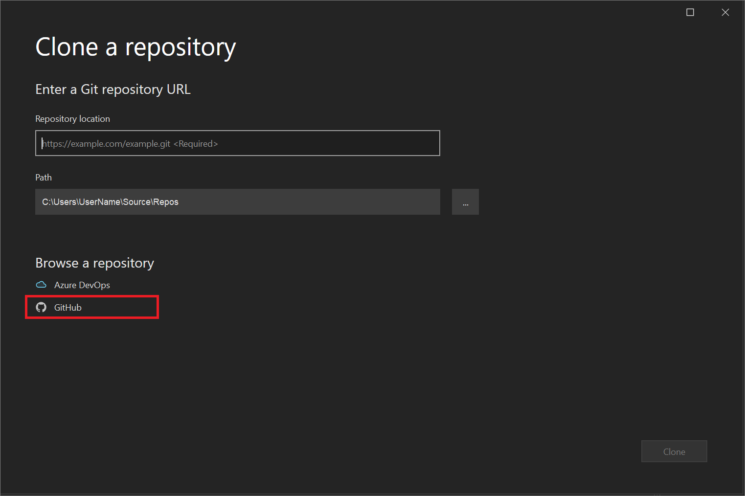 Screenshot of the Clone a Repository dialog box with GitHub highlighted.
