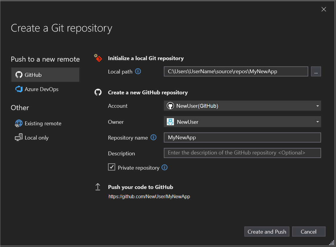 Screenshot of a user's GitHub info entered by using the Create Git Repository window.