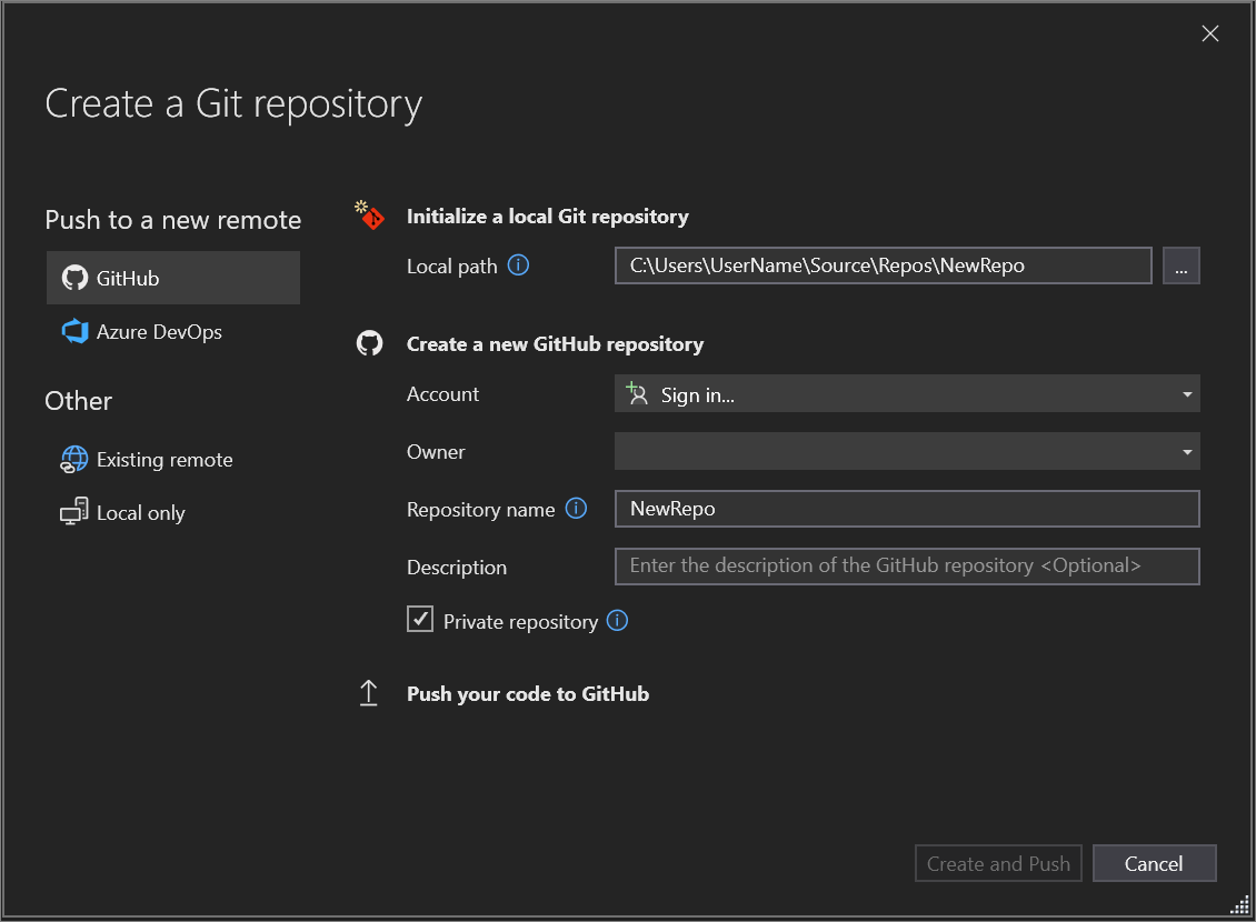 Screenshot of the Create Git Repository option from the Git menu in Visual Studio with the GitHub selection highlighted.