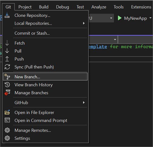 Screenshot of the New Branch option in the Git menu.