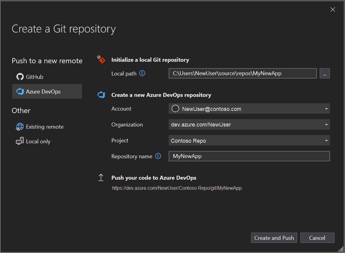 Screenshot of the Create and Push function of the Create a Git repository dialog, which you can use to publish code with a single action.
