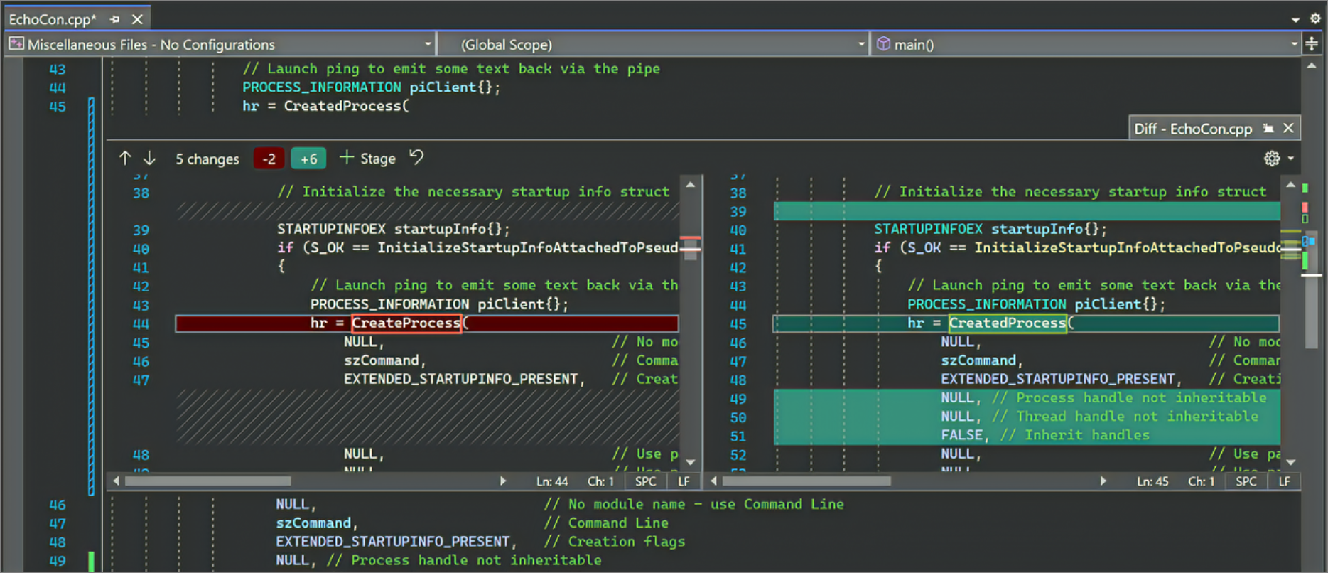 Screenshot of the Peek Difference user interface in Visual Studio as it relates to source control.