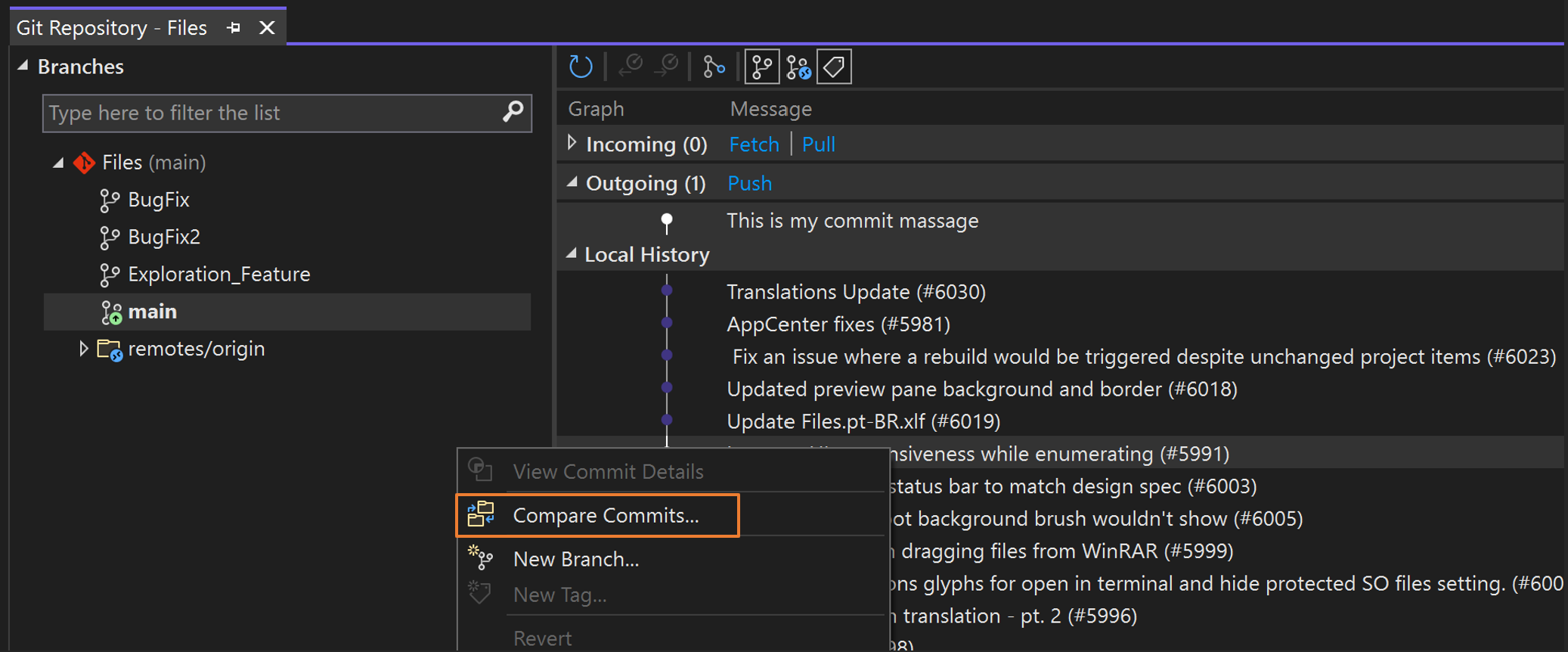 Browse repos, compare branches & commits - Visual Studio (Windows