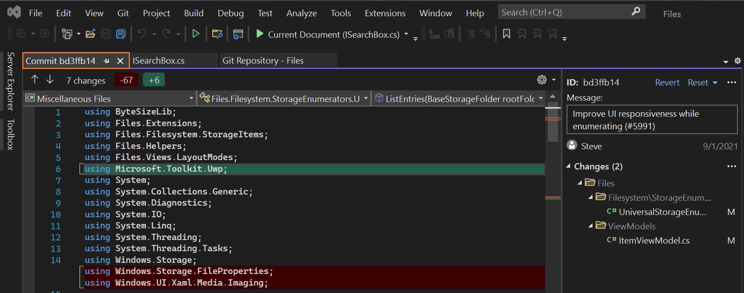 Browse repos, compare branches & commits - Visual Studio (Windows