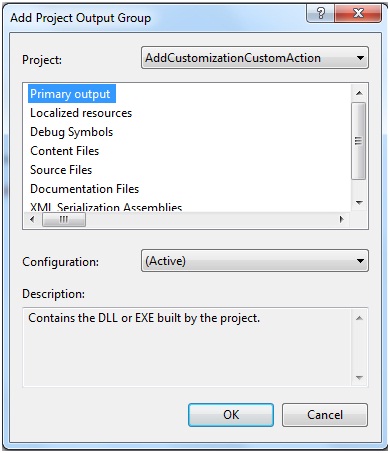 Screenshot of the Document Manifest Custom Action - Add Project Output Group window
