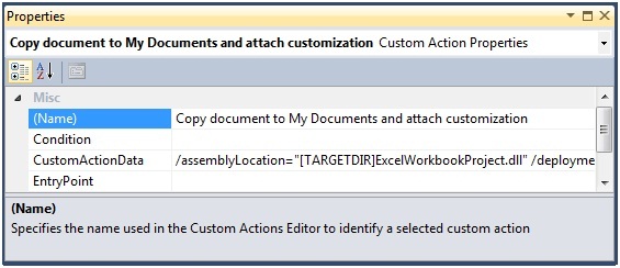 Screenshot of the Custom Action to Copy Document to My Documents Properties window