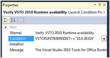 Screenshot of the Properties Window for the Verify Runtime Availability launch condition