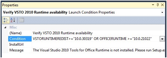 Screenshot of the Properties Windows for the launch condition