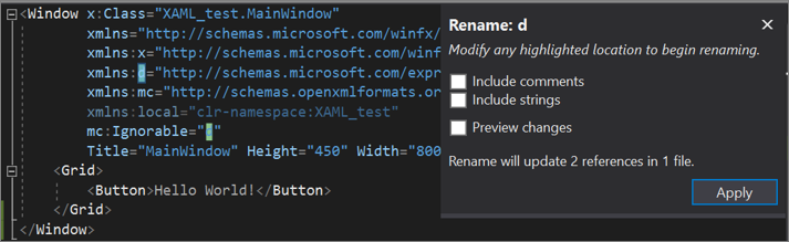 The XAML code editor's Rename Namespace option from the right-click context menu
