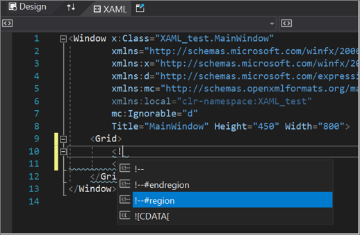 The XAML code editor with #region options showing in IntelliSense