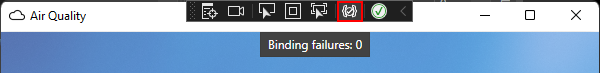 Screenshot of the in-app toolbar showing the binding failures button with no failures.