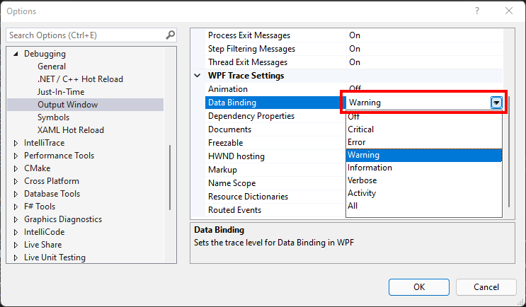 Screenshot of WPF output options.