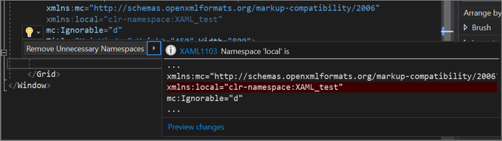 The XAML code editor's Remove Unnecessary Namespaces option from the Quick Actions lightbulb