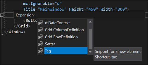 The XAML code editor with XAML code snippet options showing in IntelliSense