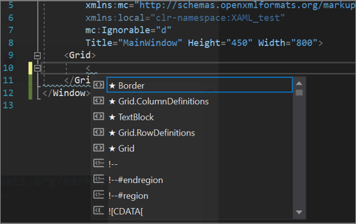 The IntelliCode list for the XAML text editor