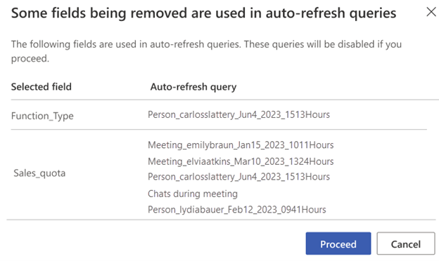 Screenshot of an error for deleting fields used in an auto-refresh query. It contains a table with Selected field and Auto-refresh query columns.