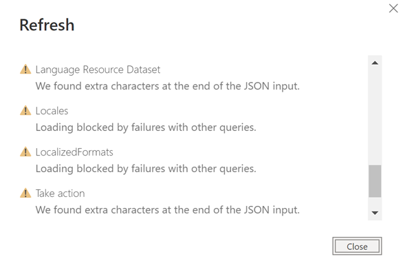 Screenshot that shows the 'We found extra characters at the end of the JSON input' error.