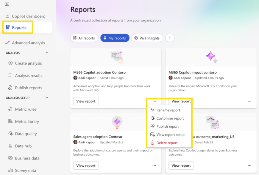 Screenshot that shows how to rename or delete a report.