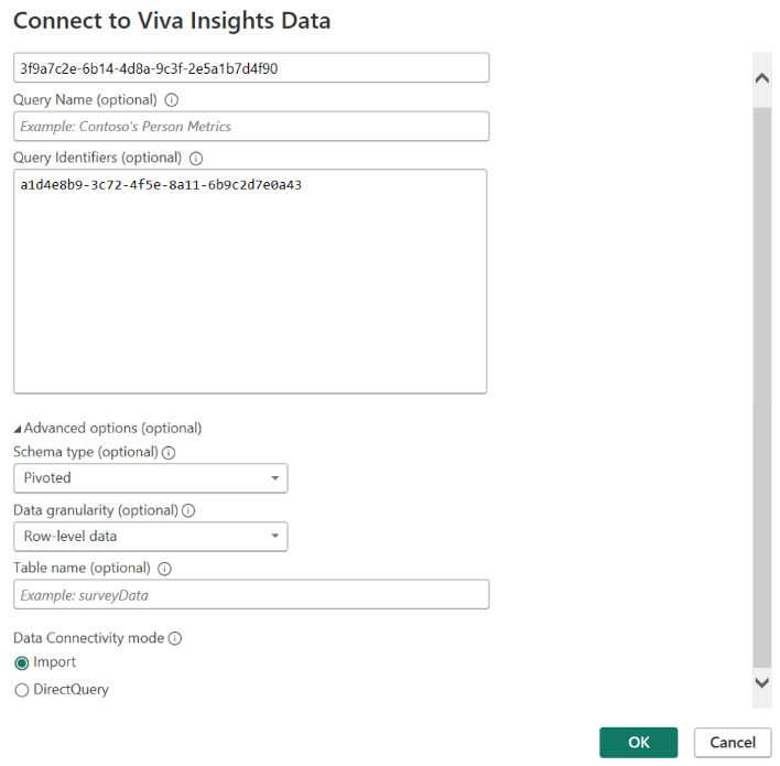 Screenshot that shows the fields for entering Viva Insights connection data.