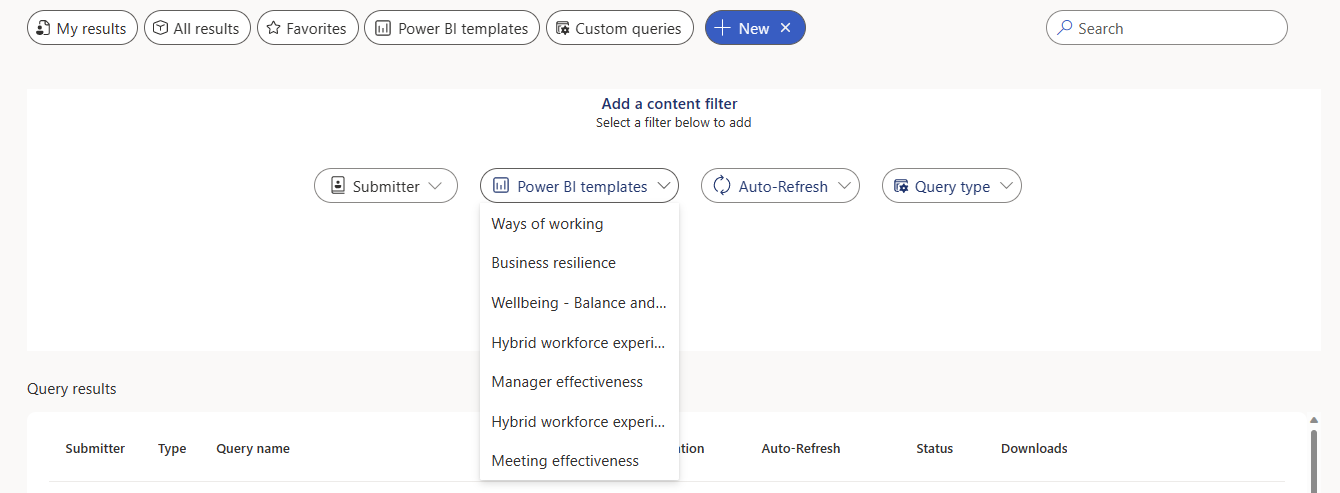 Screenshot that shows the new content filter button selected and the Power BI templates option expanded below.