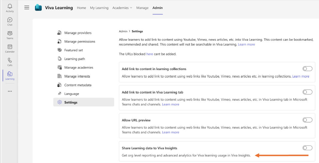 Screenshot that shows the Viva Learning settings page.