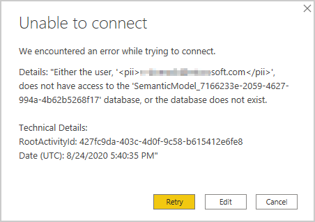Power BI error if no database and server data are linked.