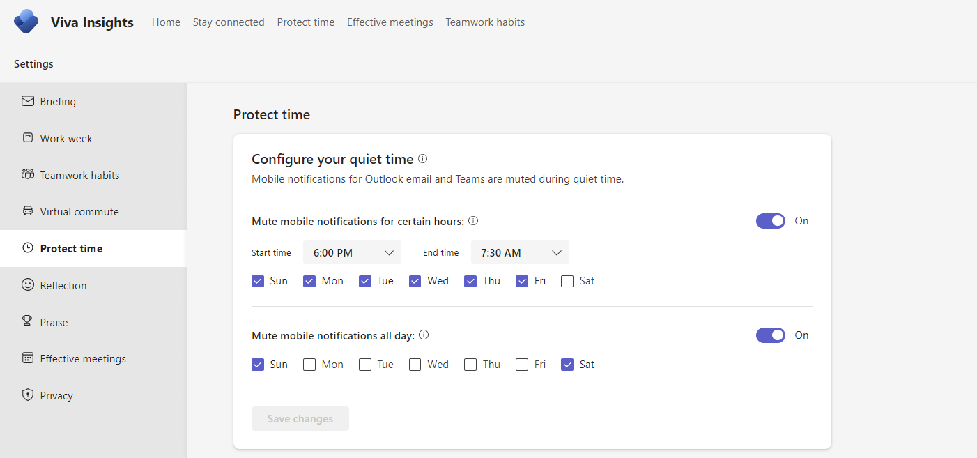 Screenshot that shows the settings for quiet time.