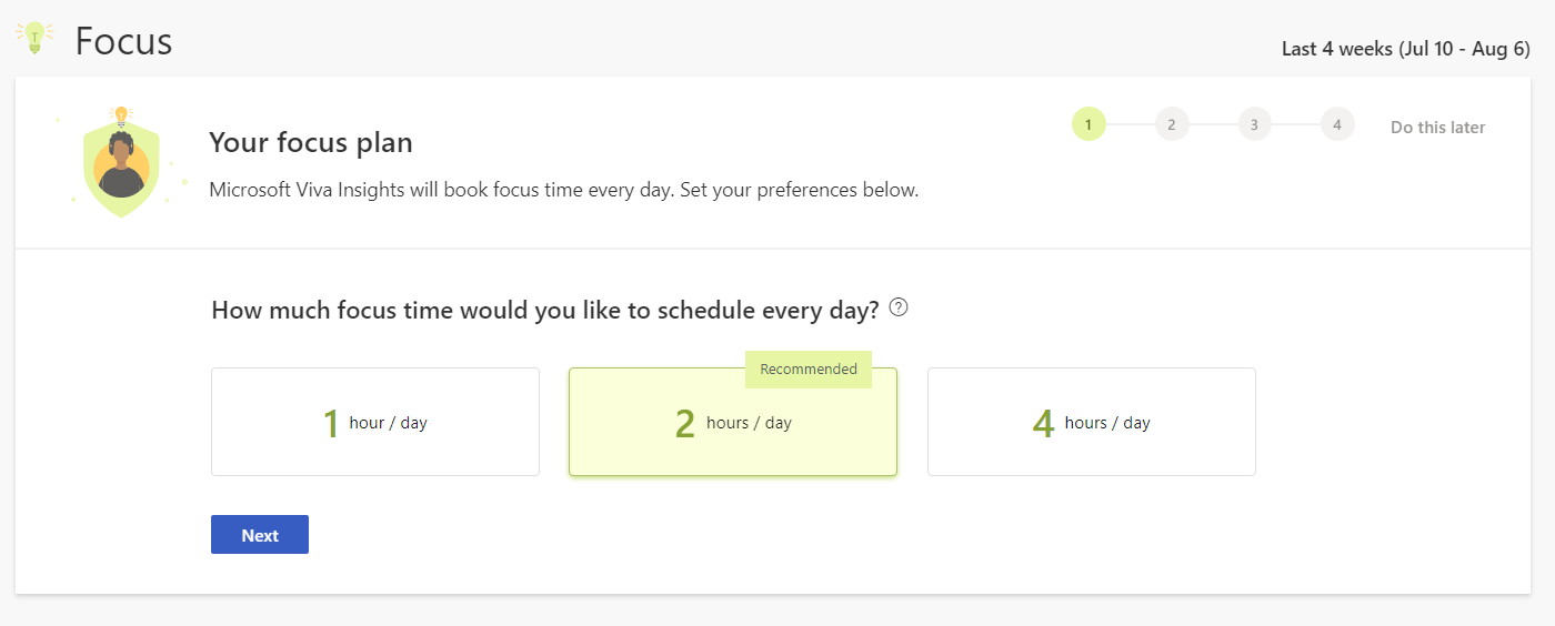 Screenshot that shows Focus plan setup - Choose hours.