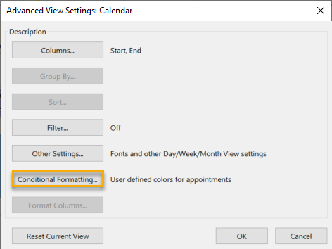 Screenshot that shows the Conditional Formatting button highlighted in the Advanced View Settings dialog box.
