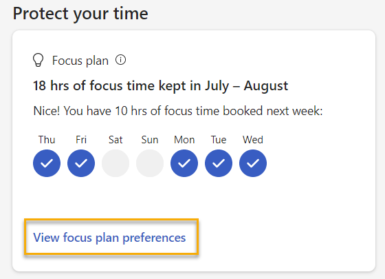 Screenshot that shows the Focus plan card with the View plan preferences option
