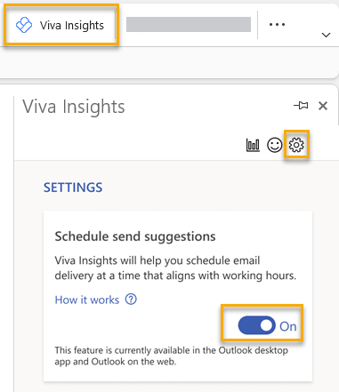 Screenshot that shows the On/Off toggle in the Viva Insights add-in settings.