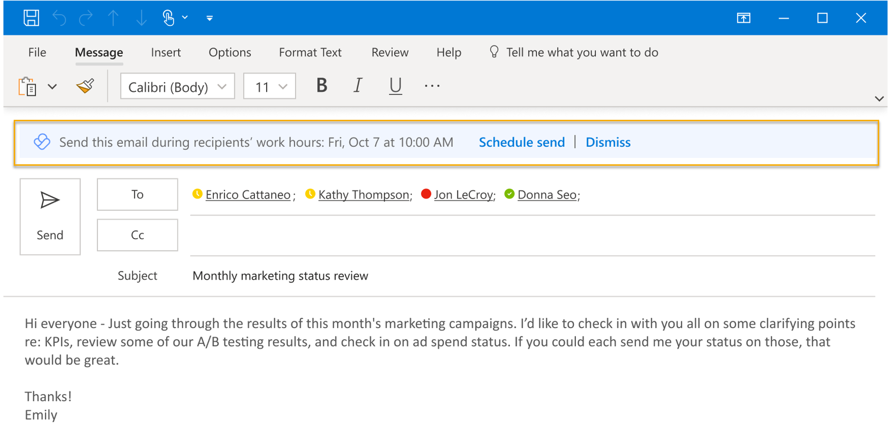 Screenshot that shows a schedule send suggestion in an Outlook email with options Schedule send and Dismiss.