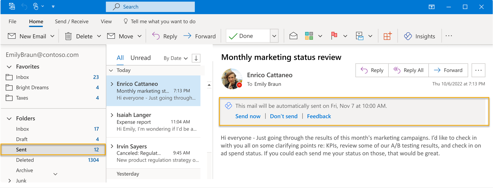 Screenshot that shows a scheduled message in the Outlook Sent folder with options Send now, Don't send, and Feedback.