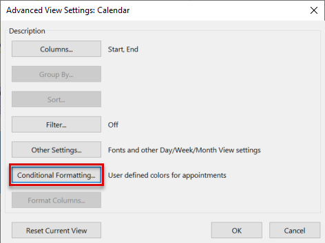Screenshot that shows the Conditional Formatting button highlighted in the Advanced View Settings dialog box.